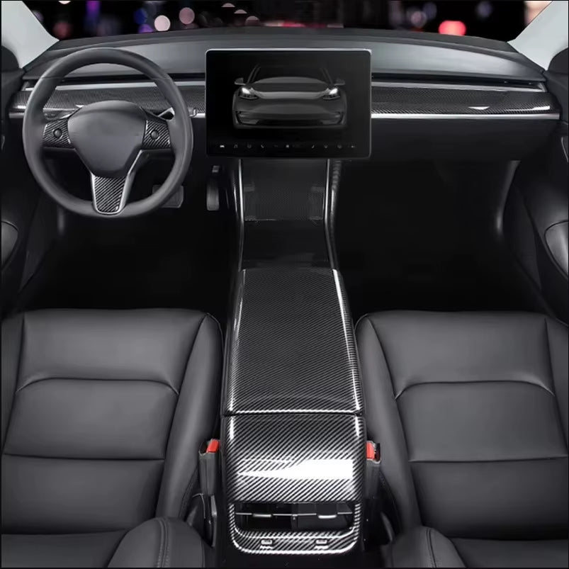 For Tesla Model Y 3 ABS Carbon Fiber Center Console Wrap Cover Kit Dashboard Armrest Door Side Trim Sticker Interior Accessories