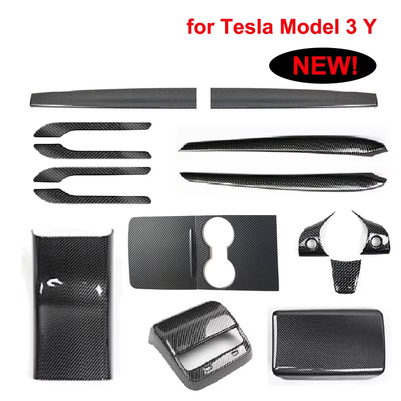For Tesla Model Y 3 ABS Carbon Fiber Center Console Wrap Cover Kit Dashboard Armrest Door Side Trim Sticker Interior Accessories